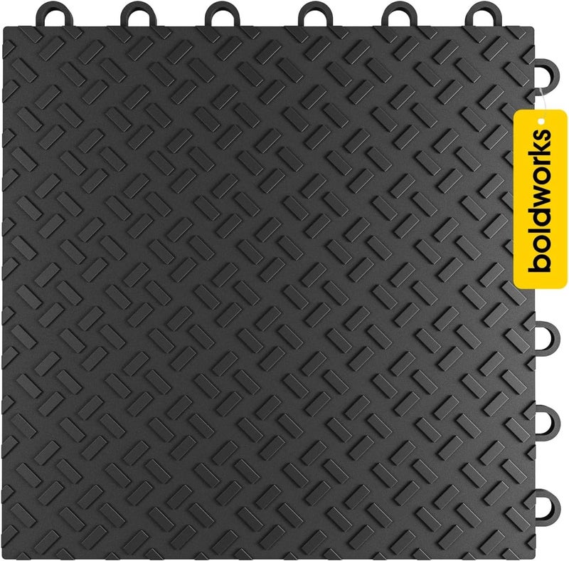 boldworks Garage Floor Tiles Interlocking Garage Flooring Tiles Pack of 48 Antislip Oil and Stain Resistant for Garages Shop Floors Basements 40000 LBS Load Capacity 12x12 Inch Black Color - Image 1